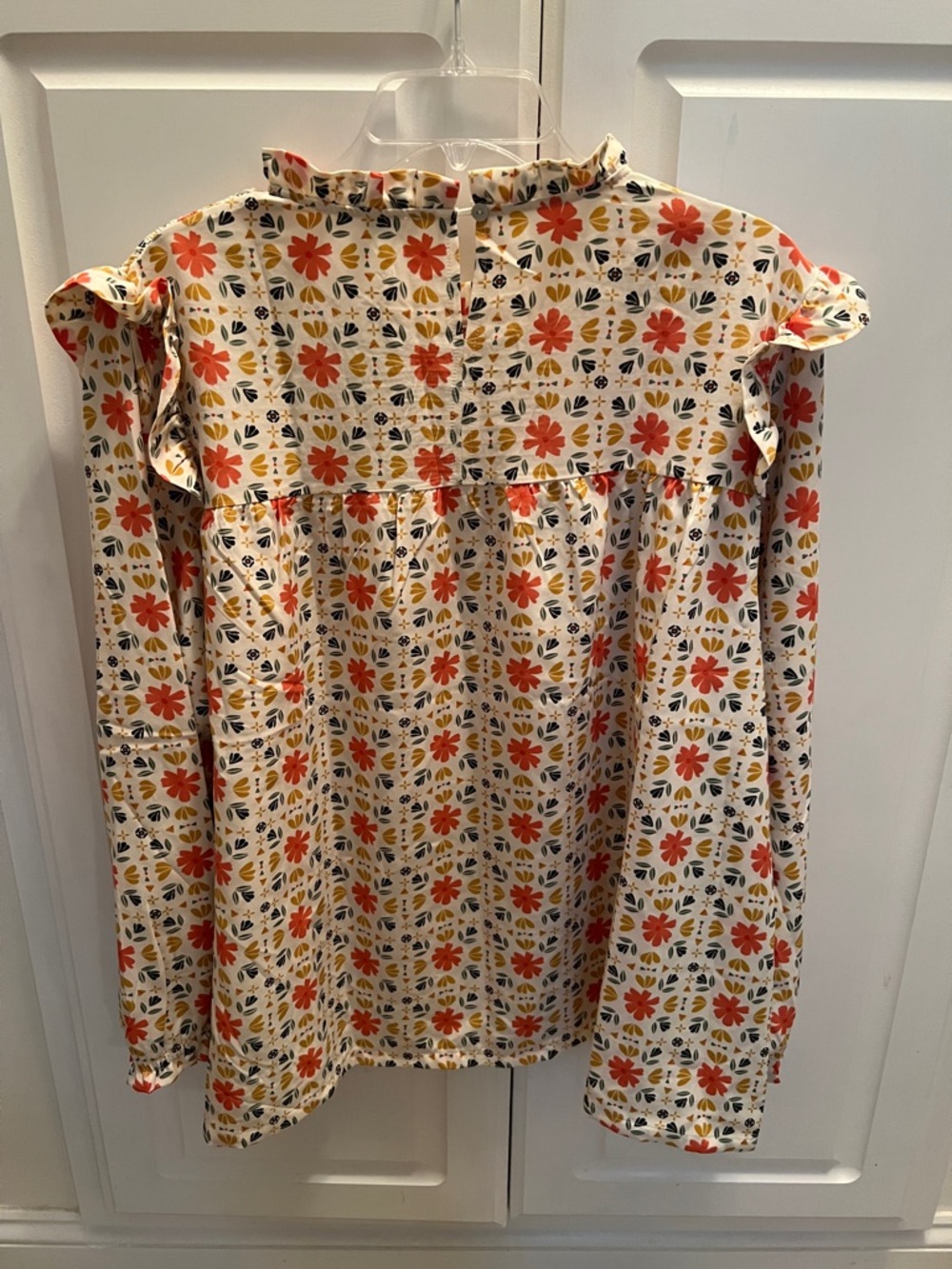 Floral Smocked Ruffle-Trim Long Sleeve Top - Cream with Coral & Yellow - Picture 3 of 5